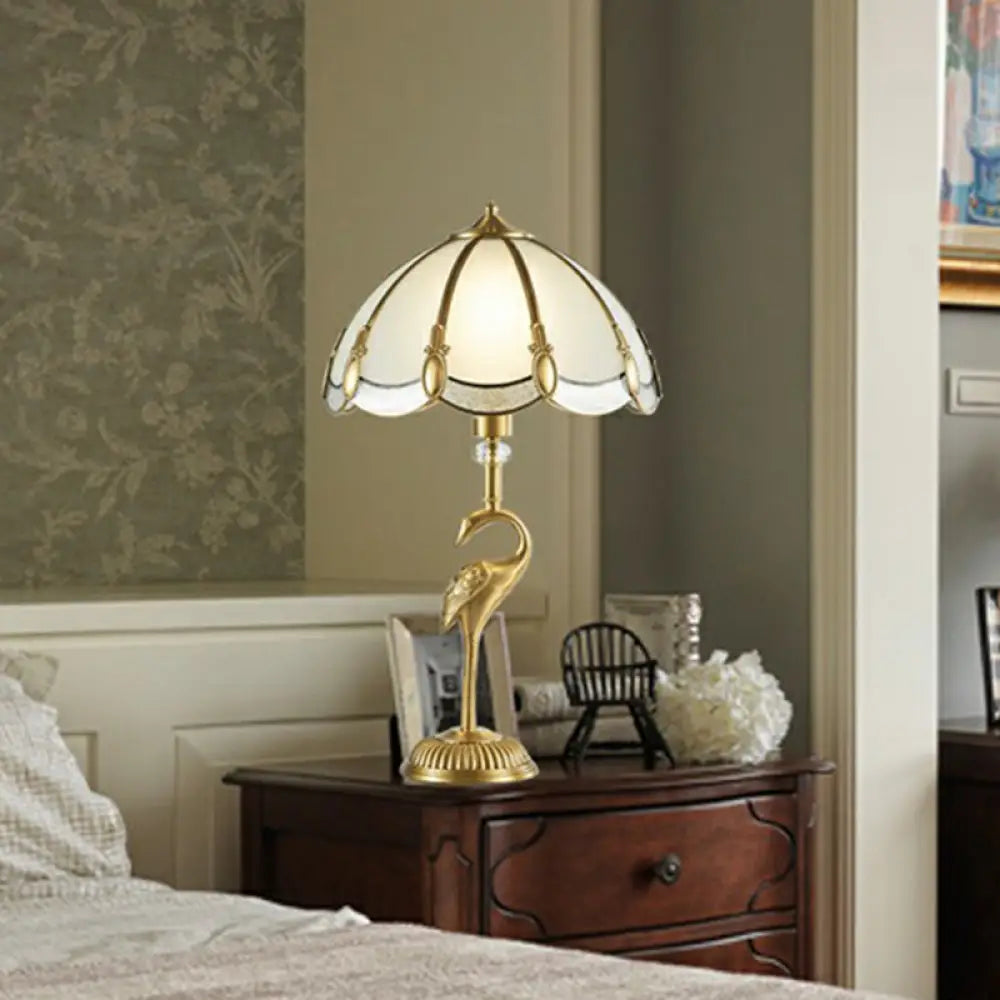 Vintage Style Brass Nightstand Lamp With Scalloped Opaque Glass Ideal For Bedroom Table Light /