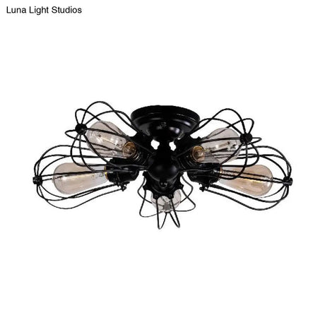Vintage Style Bulb Shaped Iron Ceiling Light With Wire Guard | Semi Flush Mount 3/4/5 Lights