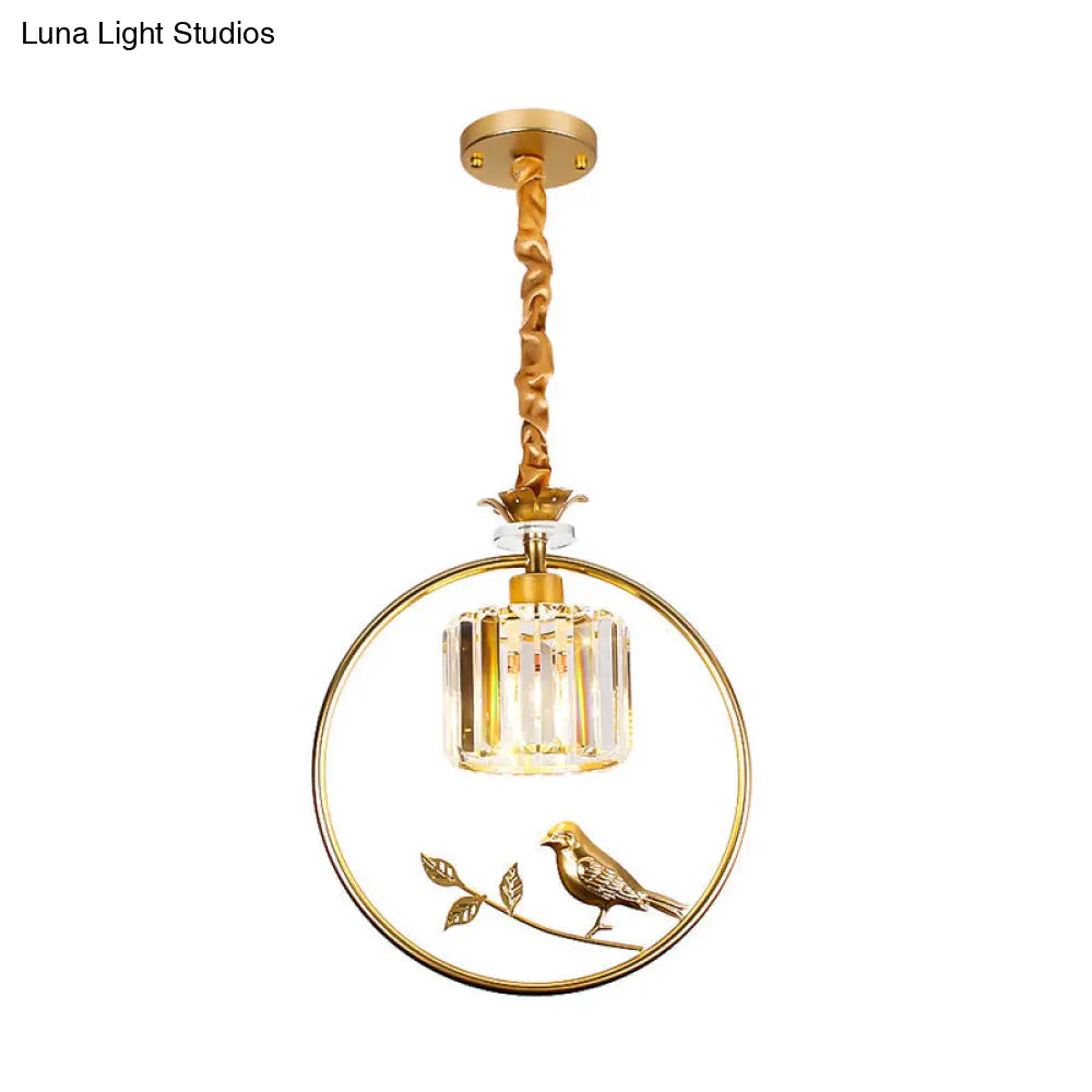 Vintage Style Clear Crystal Drum Ceiling Light With Bird Accent In Black/Gold