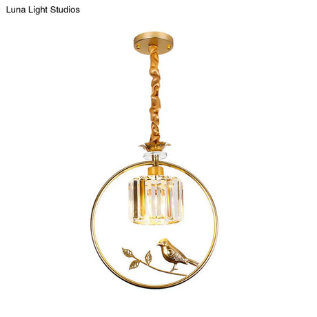 Vintage Style Clear Crystal Drum Ceiling Light With Bird Accent In Black/Gold