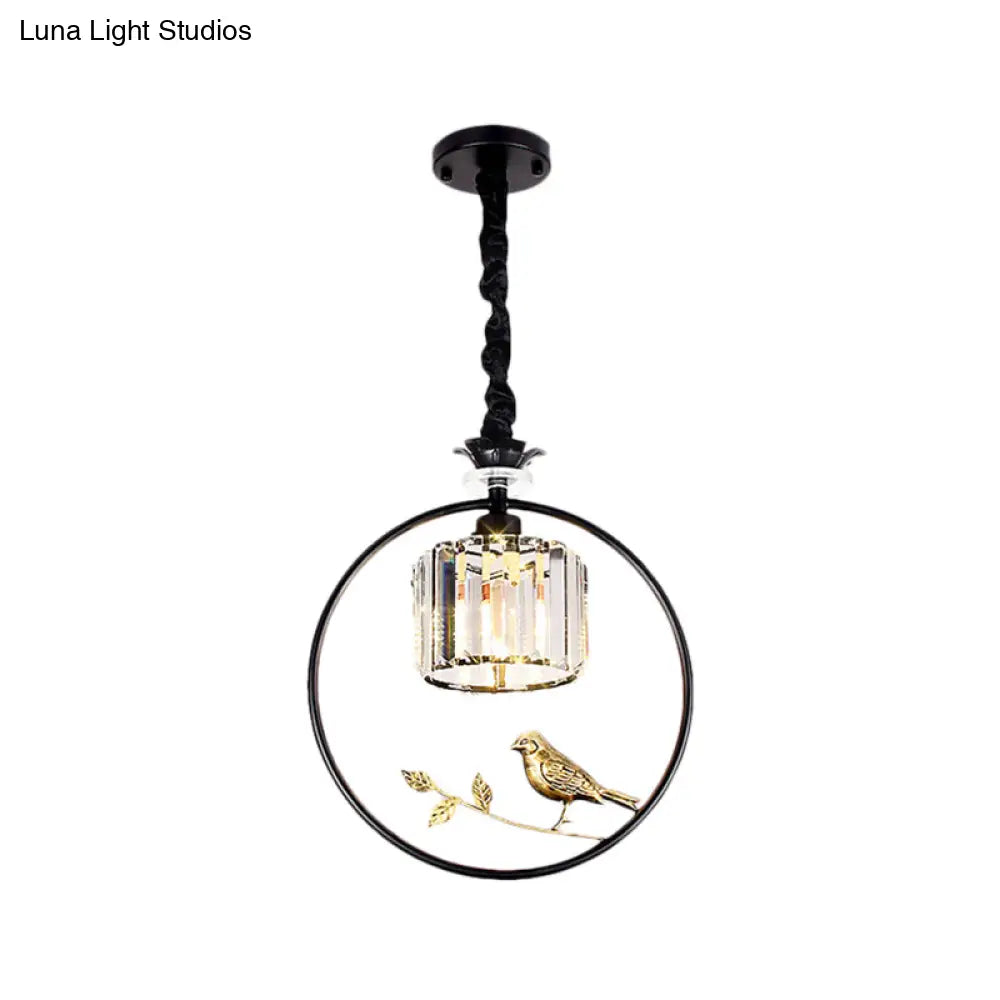 Vintage Style Clear Crystal Drum Ceiling Light With Bird Accent In Black/Gold