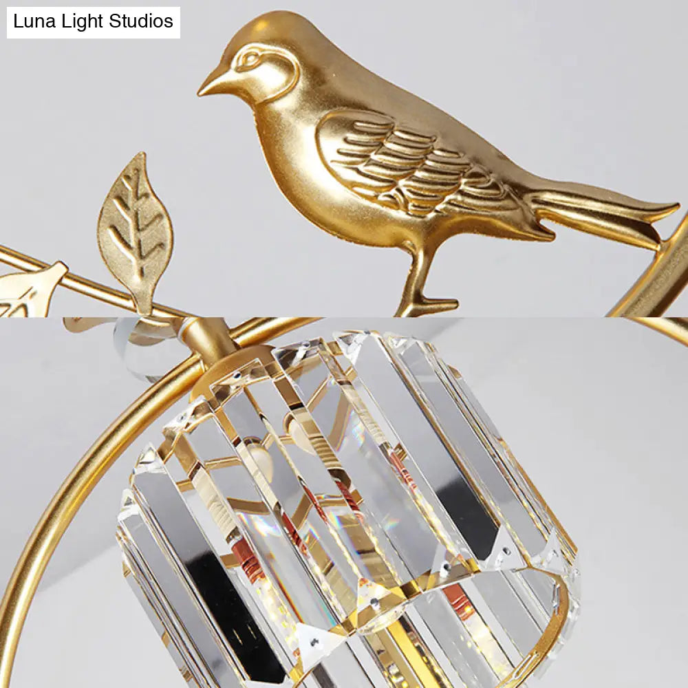 Vintage Style Clear Crystal Drum Ceiling Light With Bird Accent In Black/Gold