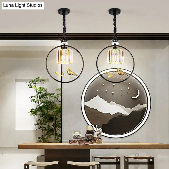 Vintage Style Clear Crystal Drum Ceiling Light With Bird Accent And 1 Bulb In Black/Gold Black