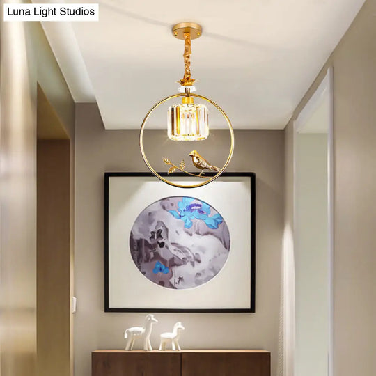 Vintage Style Clear Crystal Drum Ceiling Light With Bird Accent And 1 Bulb In Black/Gold Gold