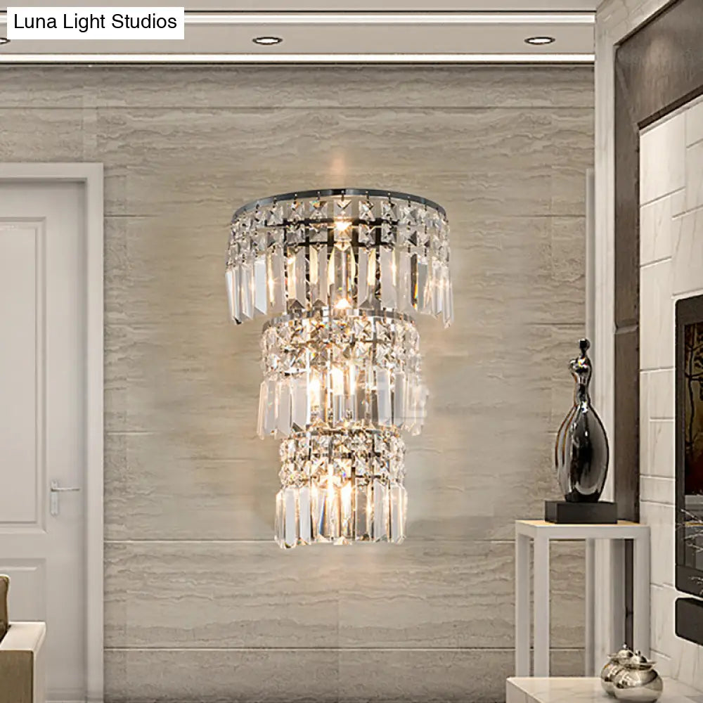 Vintage-Style Clear Crystal Wall Sconce With Tiered Lighting - Ideal For Hallway Décor