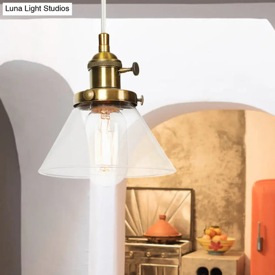Vintage Style Conical Hanging Pendant Light With Amber/Clear Glass And Metal Head In