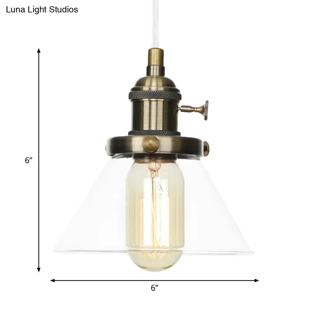 Vintage Style Conical Hanging Pendant Light With Amber/Clear Glass And Metal Head In