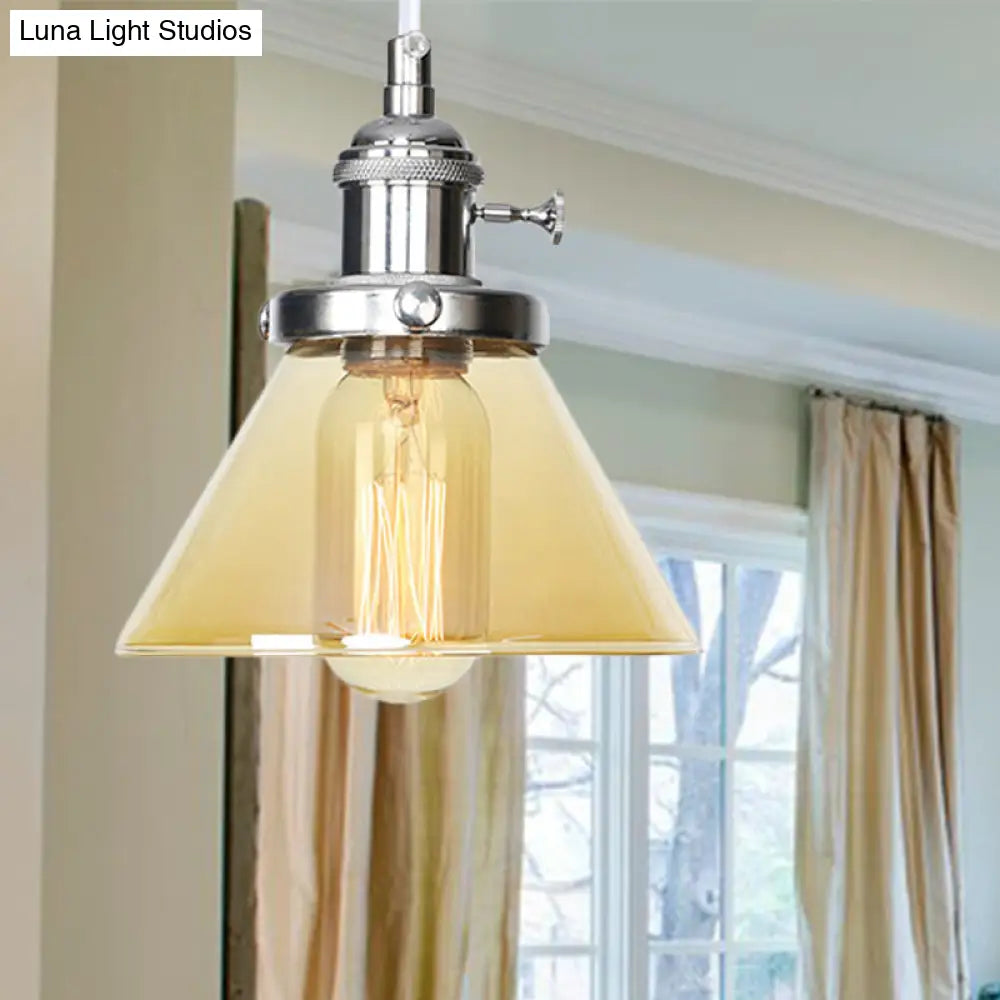 Vintage Style Conical Hanging Pendant Light With Amber/Clear Glass And Metal Head In