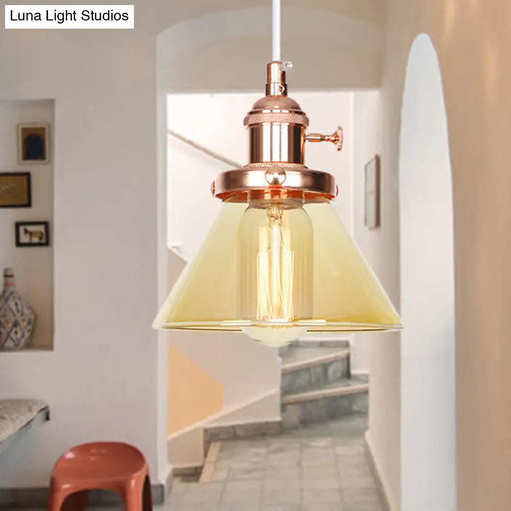 Vintage Style Conical Hanging Pendant Light With Amber/Clear Glass And Metal Head In