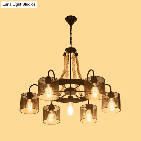 Vintage Style Cylinder Mesh Metal Shade Chandelier: 6-Head Restaurant Hanging Light In Beige