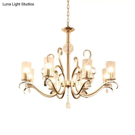 Vintage-Style Cylindrical Chandelier Light With Clear Glass - 6/8 Lights & Crystal Drop Champagne