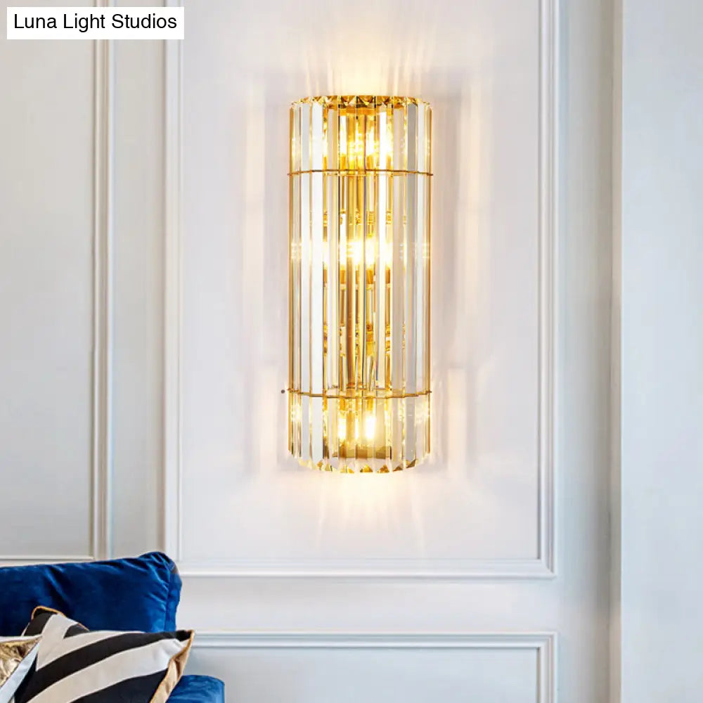 Vintage Style Cylindrical Crystal Sconce Lighting - Wall Mounted Lamp For Hallway Golden Finish