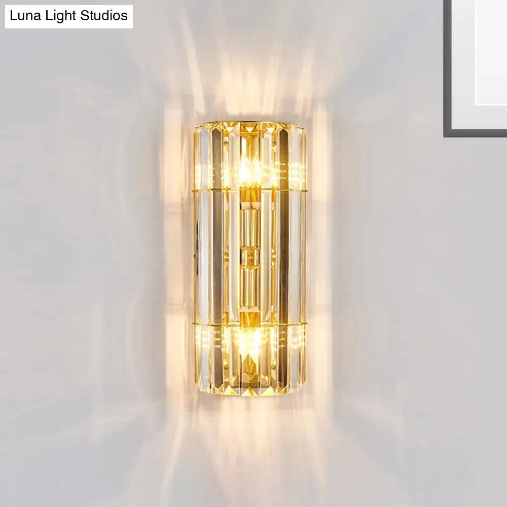 Vintage Style Cylindrical Crystal Sconce Lighting - Wall Mounted Lamp For Hallway Golden Finish