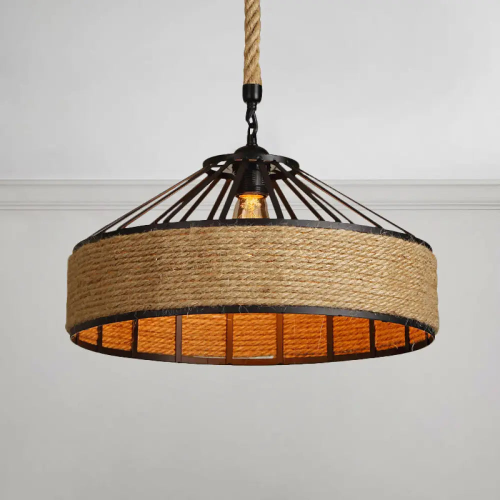 Vintage Style Drum Shade Rope Pendant Ceiling Light In Black For Coffee Shops / A