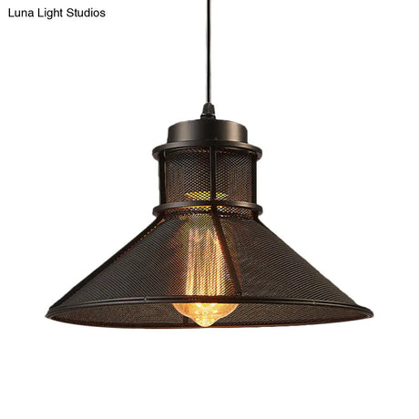 Vintage Style Hanging Light With Mesh Conic Shade - Metallic Pendant Ceiling