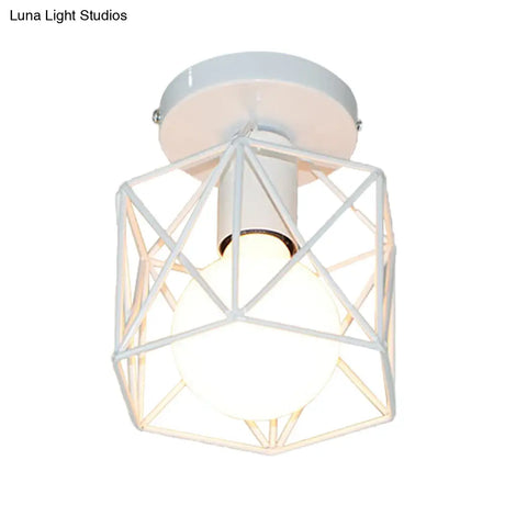 Vintage Style Iron Ceiling Fixture With Hexagon Cage Shade And 1 Bulb Perfect For Balcony In