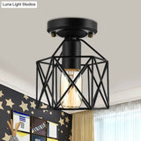 Vintage Style Iron Ceiling Fixture With Hexagon Cage Shade And 1 Bulb Perfect For Balcony In