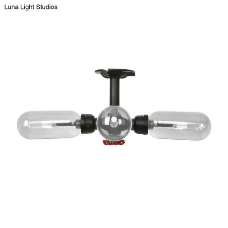 Vintage Style Matte Black Semi Flush Light With Clear Glass - Pipe Designed 3/4 Capsule Fixture