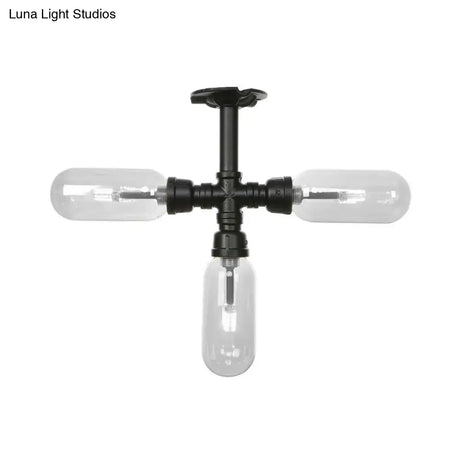 Vintage Style Matte Black Semi Flush Light With Clear Glass - Pipe Designed 3/4 Capsule Fixture