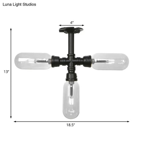 Vintage Style Matte Black Semi Flush Light With Clear Glass - Pipe Designed 3/4 Capsule Fixture