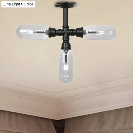 Vintage Style Matte Black Semi Flush Light With Clear Glass - Pipe Designed 3/4 Capsule Fixture