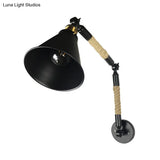 Vintage Style Metal And Rope Cone Wall Mount Lighting - 1 Bulb Black Sconce Light Fixture For