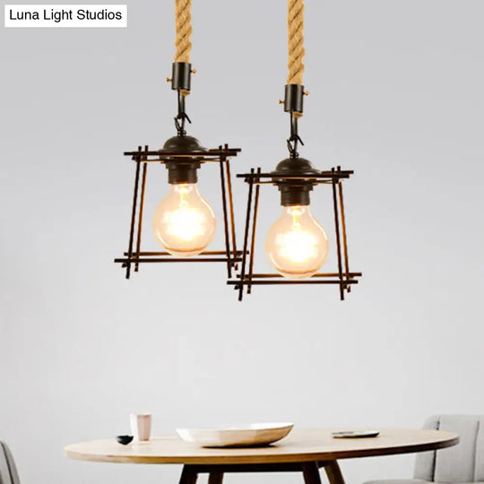 Vintage Style Metal And Rope Pendant Light With Black Wire Cage Cylinder/Square Shade