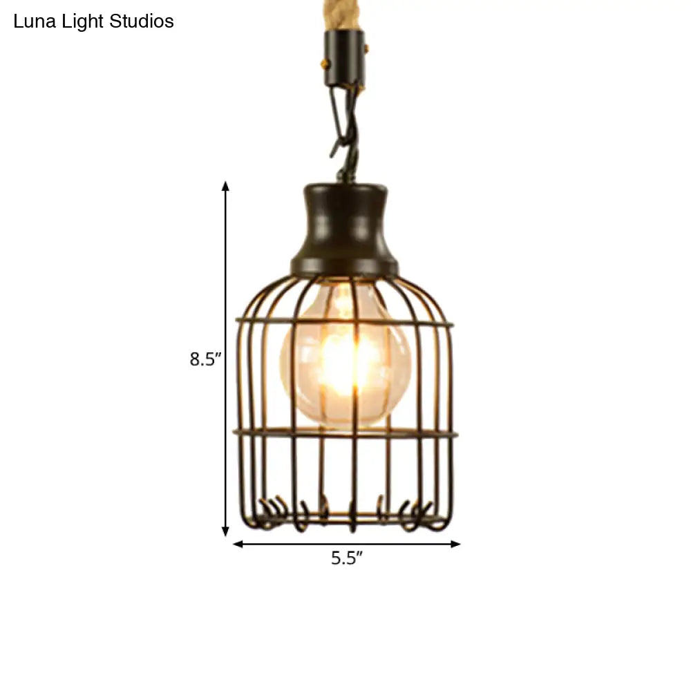 Vintage Style Metal And Rope Pendant Light With Black Wire Cage Cylinder/Square Shade