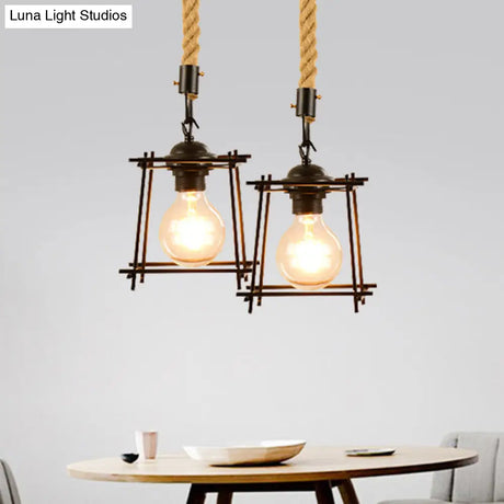 Vintage Style Metal And Rope Pendant Light With Black Wire Cage Cylinder/Square Shade