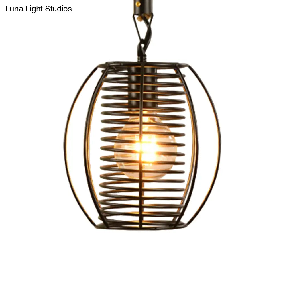 Vintage Style Metal And Rope Pendant Light With Black Wire Cage Cylinder/Square Shade