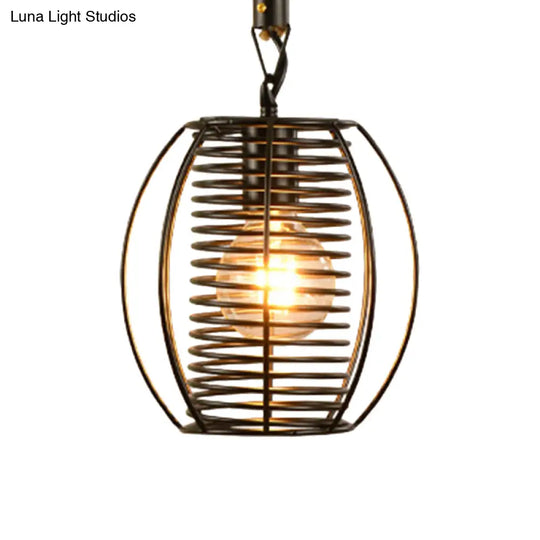 Vintage Style Metal And Rope Pendant Light With Black Wire Cage Cylinder/Square Shade