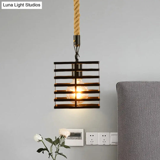 Vintage Style Metal And Rope Pendant Light With Black Wire Cage Cylinder/Square Shade / Cylinder