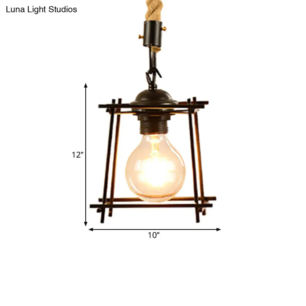 Vintage Style Metal And Rope Pendant Light With Black Wire Cage - 1 Hanging Lamp Cylinder/Square