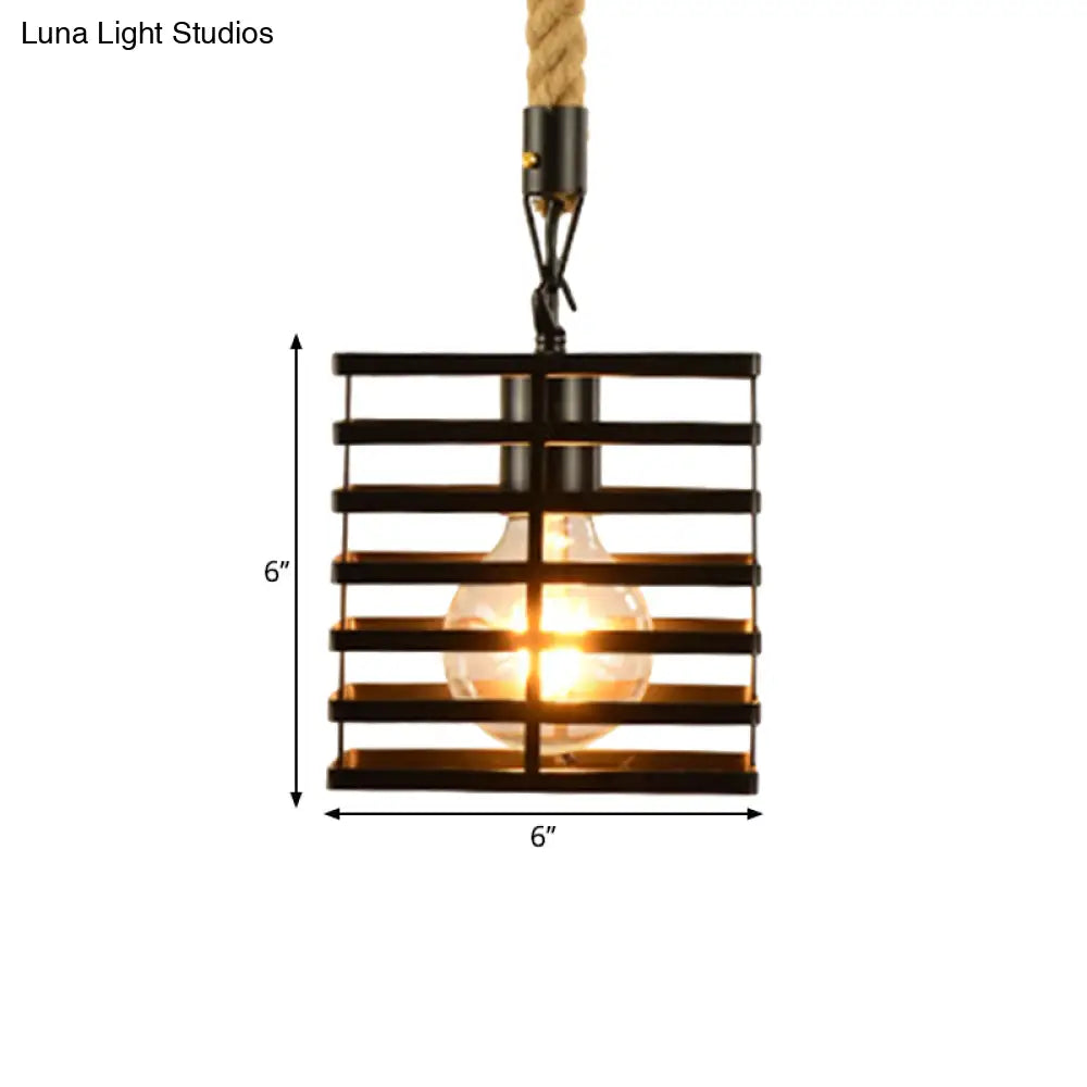 Vintage Style Metal And Rope Pendant Light With Black Wire Cage - 1 Hanging Lamp Cylinder/Square