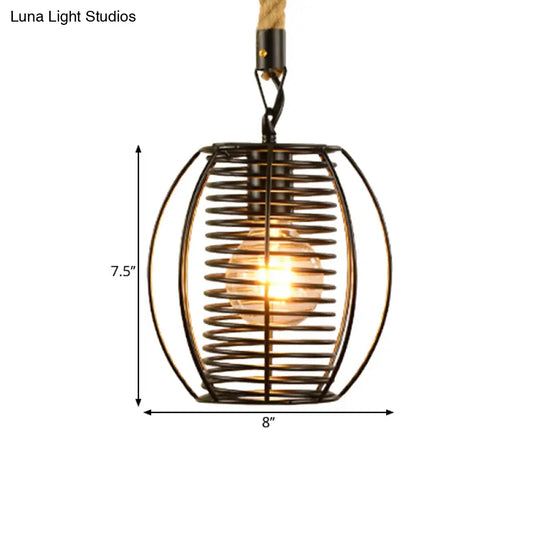 Vintage Style Metal And Rope Pendant Light With Black Wire Cage Cylinder/Square Shade