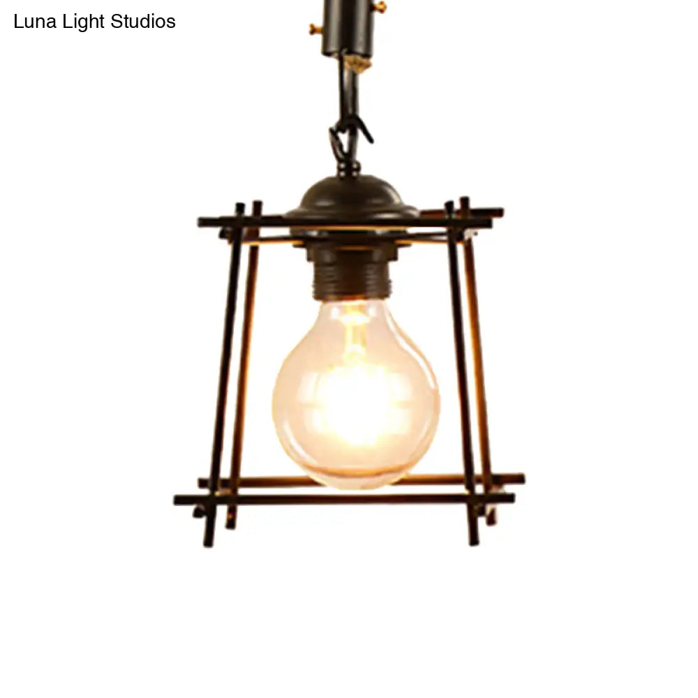 Vintage Style Metal And Rope Pendant Light With Black Wire Cage Cylinder/Square Shade