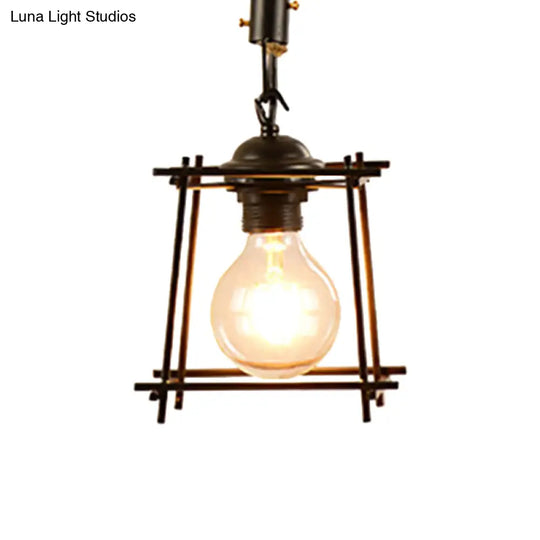 Vintage Style Metal And Rope Pendant Light With Black Wire Cage Cylinder/Square Shade