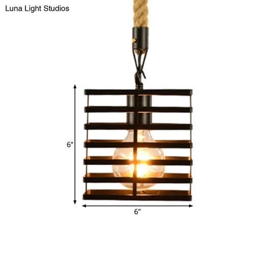 Vintage Style Metal And Rope Pendant Light With Black Wire Cage Cylinder/Square Shade