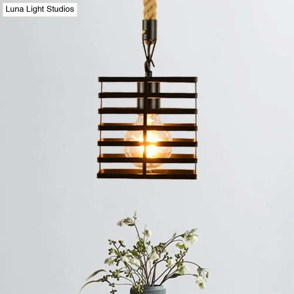 Vintage Style Metal And Rope Pendant Light With Black Wire Cage Cylinder/Square Shade