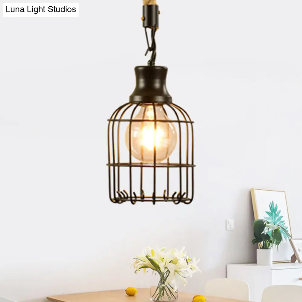 Vintage Style Metal And Rope Pendant Light With Black Wire Cage Cylinder/Square Shade / Square