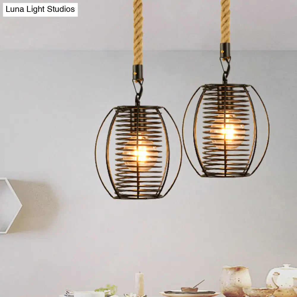 Vintage Style Metal And Rope Pendant Light With Black Wire Cage Cylinder/Square Shade
