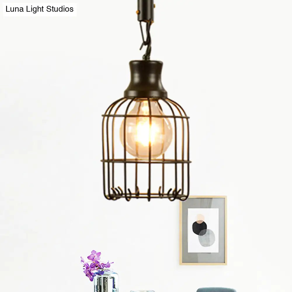 Vintage Style Metal And Rope Pendant Light With Black Wire Cage Cylinder/Square Shade