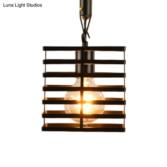 Vintage Style Metal And Rope Pendant Light With Black Wire Cage - 1 Hanging Lamp Cylinder/Square