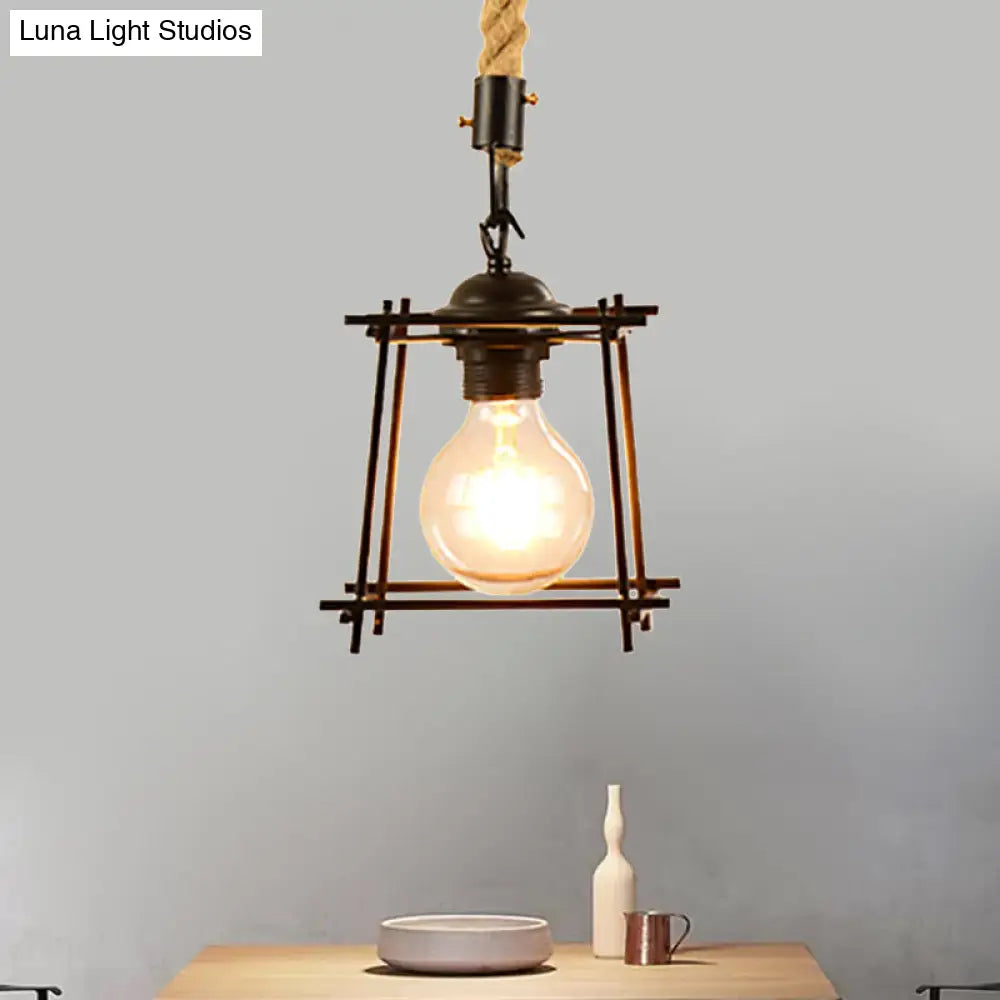 Vintage Style Metal And Rope Pendant Light With Black Wire Cage - 1 Hanging Lamp Cylinder/Square