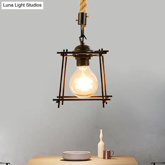 Vintage Style Metal And Rope Pendant Light With Black Wire Cage - 1 Hanging Lamp Cylinder/Square