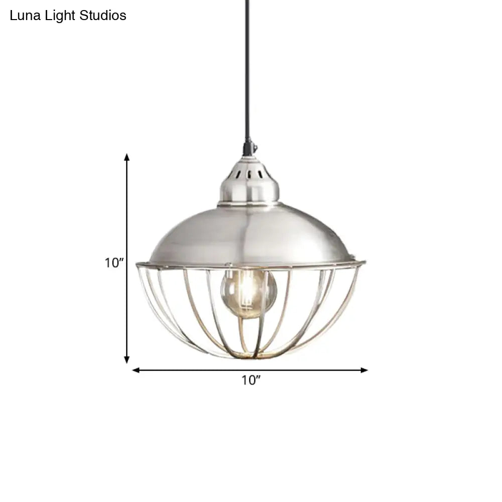 Vintage Style Metal Bowl Cage Pendant Light - Silver 1 Ceiling Fixture For Dining Room