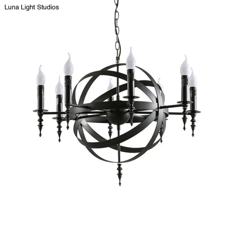 Vintage Style Metal Pendant Light With Candle Design - Orbit Cage Indoor Chandelier (6/8 Lights) In