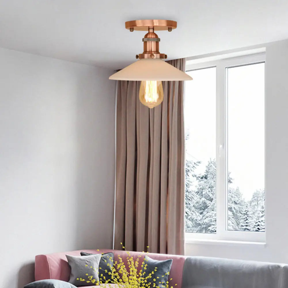 Vintage Style Metal Semi-Flush Mount Ceiling Light With Conical Shape - 1 Fixture In Bronze/Brass