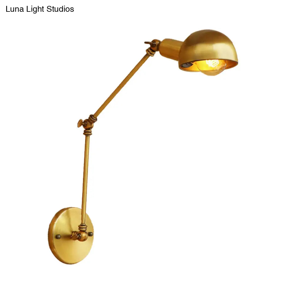 Vintage Style Metal Swing Arm Wall Lighting With Bowl Shade - 1 Light Brass Sconce For Study Room