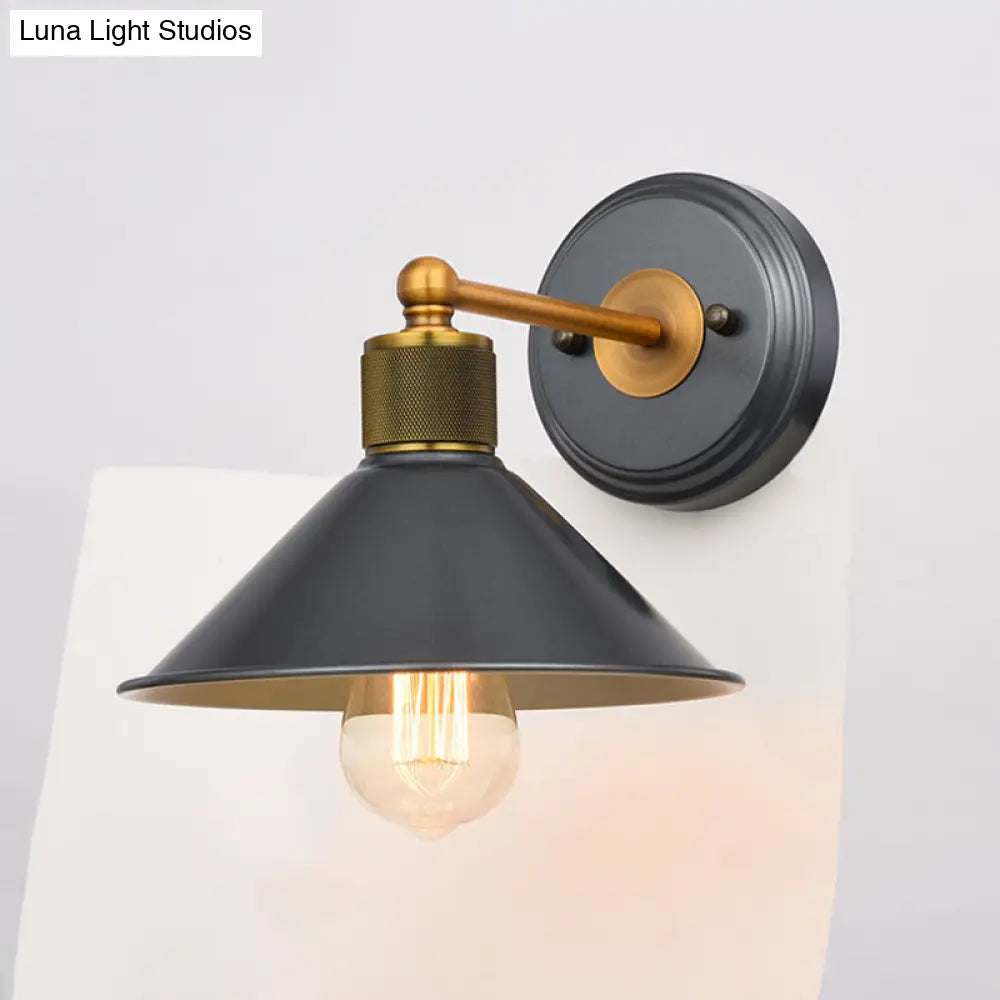 Vintage Style Metal Wall Sconce - Cone Shade Black & Gold Mountable Lamp Single Bulb